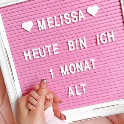 Pink Felt Letter Board Baby Announcement Sign with Rustic Wood White Frame - Rustic Farmhouse Letter Board Sign with Stand - 10x10 Felt Board Changeable Message Board with 350 Letter Set - color: Pink, size: 10x10 inches