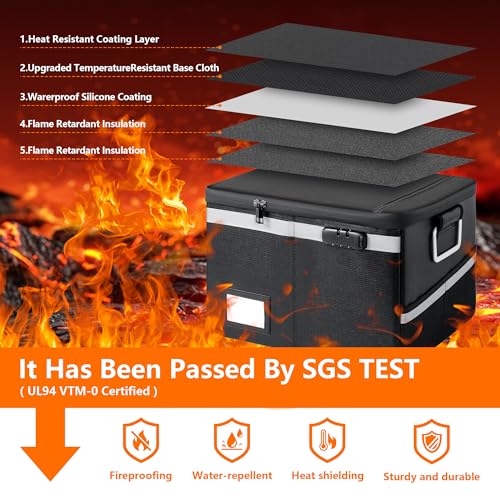 Fireproof Waterproof Document Box with Lock Collapsible Portable File Organizer Hard Shell Storage for Hanging Letter Legal Folders Home Office Safe Black 15.7x11.2x10.2in - color: Black