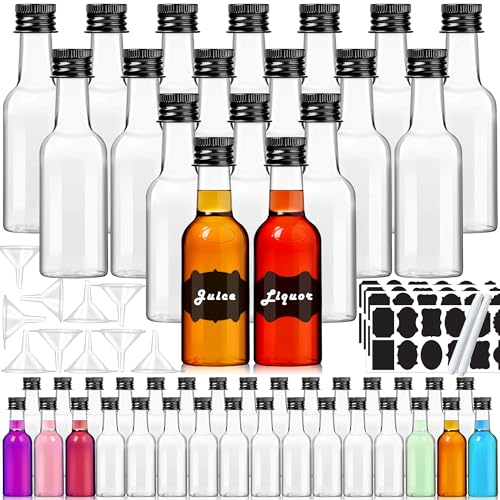 YZXODN 50 Pack 1.7oz Mini Liquor Bottles with Labels, Plastic Alcohol Bottles, Airtight Shot Bottles, Little Spirit Bottle with Funnel, Black Caps, Juice Bottle for Cocktail, Party Favors, Weddings - size: 50 pack