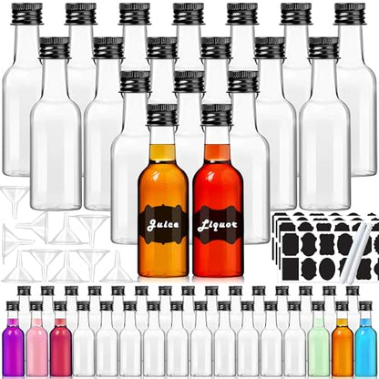 YZXODN 50 Pack 1.7oz Mini Liquor Bottles with Labels, Plastic Alcohol Bottles, Airtight Shot Bottles, Little Spirit Bottle with Funnel, Black Caps, Juice Bottle for Cocktail, Party Favors, Weddings - size: 50 pack