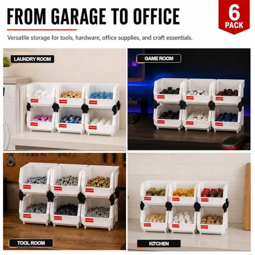 6 Pack Stackable Parts Bins, 5x4x3 in, Plastic Small Parts Organizer,White - color: White-6 Pack, size: 5"x4"x3"