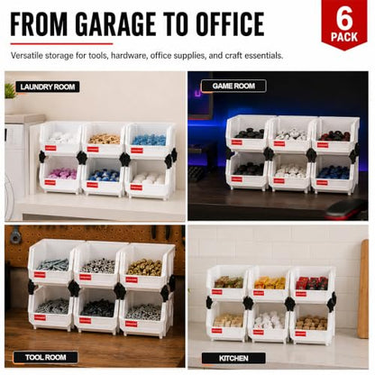 6 Pack Stackable Parts Bins, 5x4x3 in, Plastic Small Parts Organizer,White - color: White-6 Pack, size: 5"x4"x3"