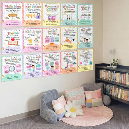 Ctosree 15 Pcs Reading Comprehension Posters for Classroom 14 x 10'' - style: Composition