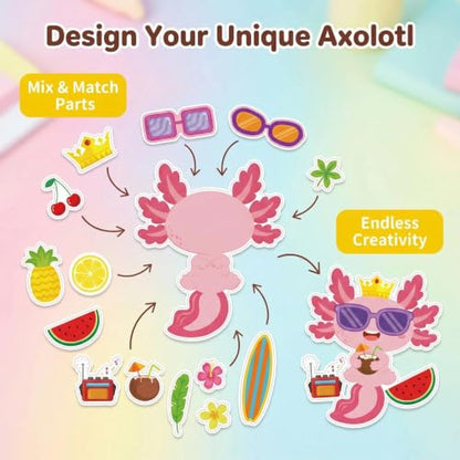 Axolotl Make-a-Face Stickers 24 Sheets, Cute Animal Crafts for Kids - color: Salamander