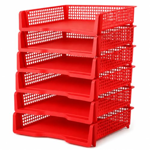 6 Pcs Red Turn in Trays Classroom, Stackable Paper Bins for Classroom, 13x9x2.8 inch Plastic Baskets Desktop Organization System Office (Red) - color: Red