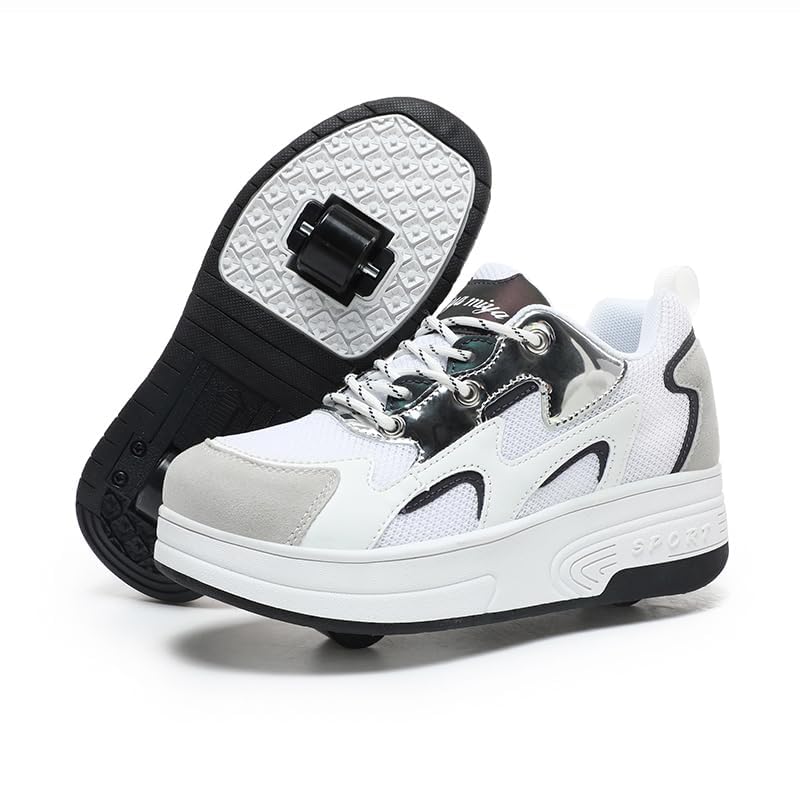 Wooowyet Roller Skate Shoes for Kids Boys Girls Rechargealbe Wheels Sneakers Fashion Roller Wheeled - color: Mesh White, size: 6 Big Kid