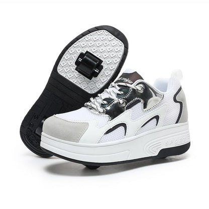 Wooowyet Roller Skate Shoes for Kids Boys Girls Rechargealbe Wheels Sneakers Fashion Roller Wheeled - color: Mesh White, size: 6 Big Kid