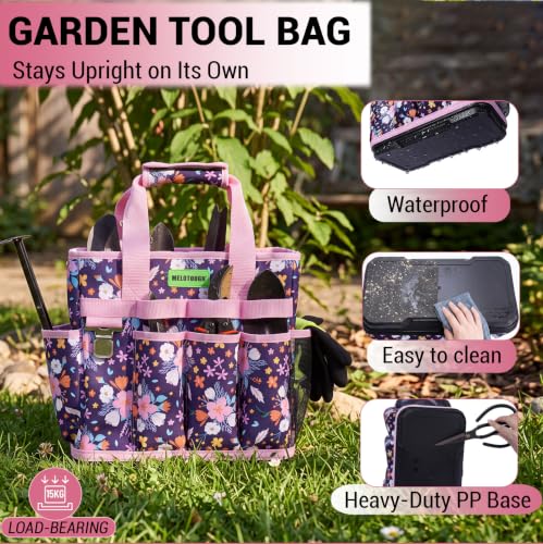 MELOTOUGH 12-Pocket Garden Tool Bag with Hard Bottom, Garden Tote, Purple - color: Purple Flower
