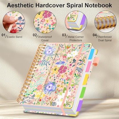 5 Subject Notebook with Removable Dividers& Tabs-B5 300 Pages - color: Beige Bloom, size: 8''x 10''