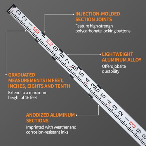 Firecore 16-Foot Aluminum Grade Rod - 10ths, 5 Sections Telescopic with Bubble Level-FLR500B - size: 16FT - 10ths