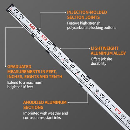Firecore 16-Foot Aluminum Grade Rod - 10ths, 5 Sections Telescopic with Bubble Level-FLR500B - size: 16FT - 10ths