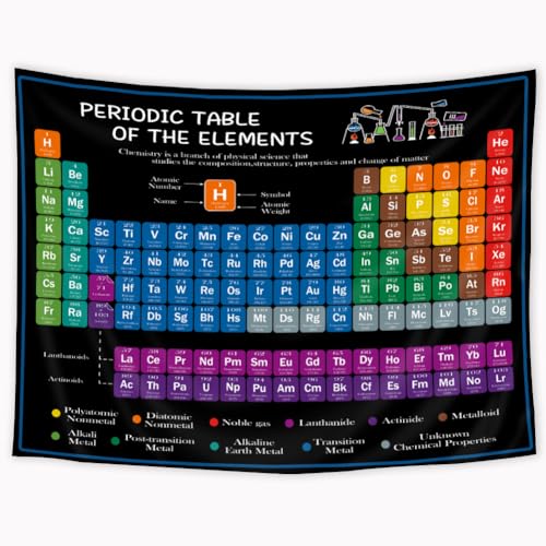 Riyidecor Periodic Table Tapestry 80WX60L Inch Chemistry Elements Educational Scientific Teachers School Student Cool Aesthetic Practical Family Cute Symbols Wall Hanging Living Room Bedroom Decor - color: 01Black, size: 60"L x 80"W