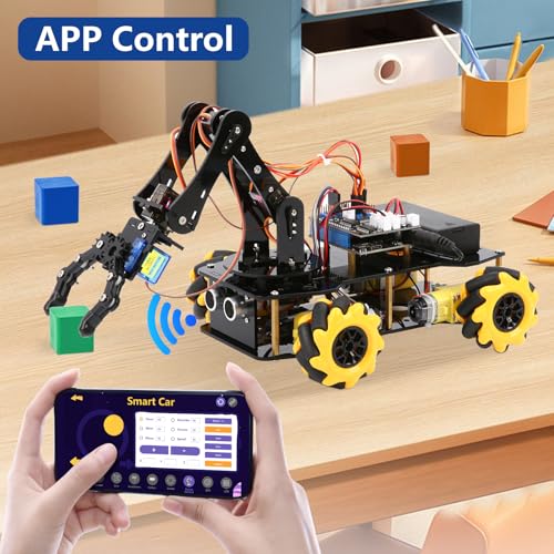 ACEBOTT 5DOF Smart Robot Arm Car Kit, 4WD Remote Control Car Compatible with Arduino/Python/Blockly Programming Project/STEM Education/Science Coding Kit for 12+ Teens and Adults Unique Gifts