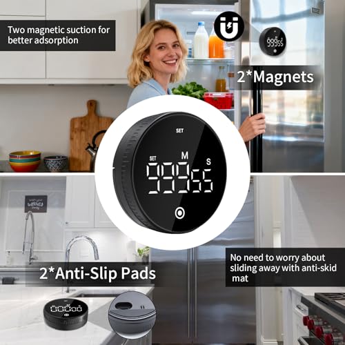 Digital Kitchen Timer, Magnetic Visual Countdown Countup Timer with Large LED Display, Adjustable Volume, Easy for Seniors and Kids, for Cooking, Classroom, Fitness, Study (Black) - color: Black