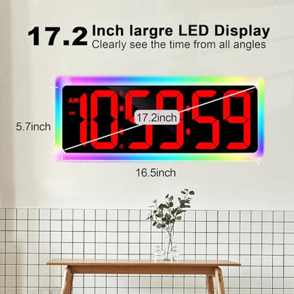 TXL 17.2" WiFi Digital Wall Clock with Seconds, Large Countdown Timer for Classroom Home Gym Office, Alarm Clock with Remote Control, RGB Ambient Lights, 4 Dimmable Brightness, Auto DST(Red) - color: Red