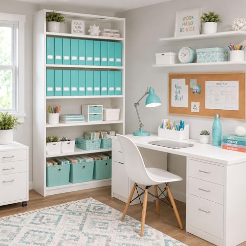 BLU MONACO Set of 6 Aqua Magazine File Holders | Foldable Magazine Storage Boxes with White Leather Label Holders | Vertical File Organizer for Desk, Shelves & Home Office - color: Aqua