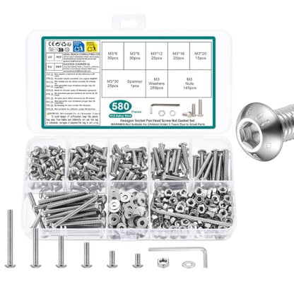 580 PCS M3 Screws Assortment Kit, Hex Button Head Screws with M3 Bolts Set - size: M3