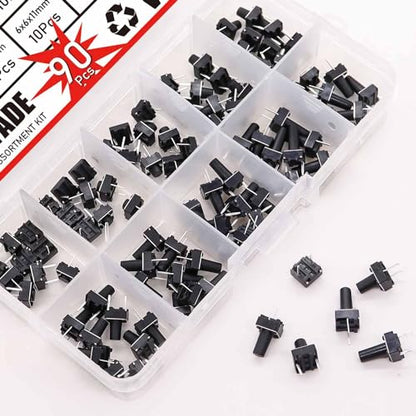 TWTADE 90PCS Micro Momentary Tactile Push Button Switch 6 x 6 x 4.3/5/6/7/8/9/10/11/12mm 2 Pin Tact Switch Assortment Kit - color: Black-2 Pin