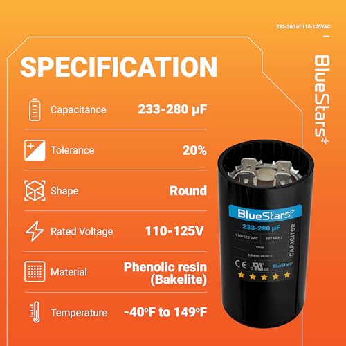 BlueStars 233-280 uF MFD 110-125 VAC Motor Start Capacitor Electric - size: 233-280 MFD 110-125 VAC