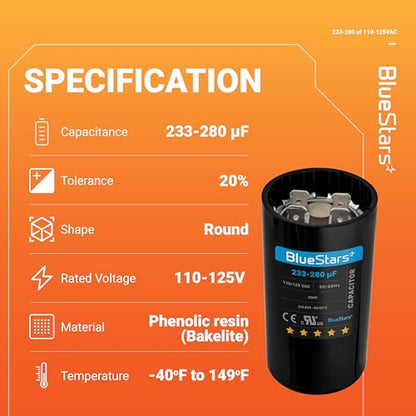 BlueStars 233-280 uF MFD 110-125 VAC Motor Start Capacitor Electric - size: 233-280 MFD 110-125 VAC