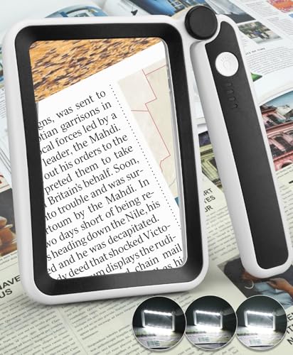 Magnifying Glass for Reading, Rechargeable 5X Large Page Magnifier with Light, Folding Handheld Dimmable Rectangle Lighted Magnifier for Reading Book Small Print for Seniors Low Vision, Black White - color: Black White