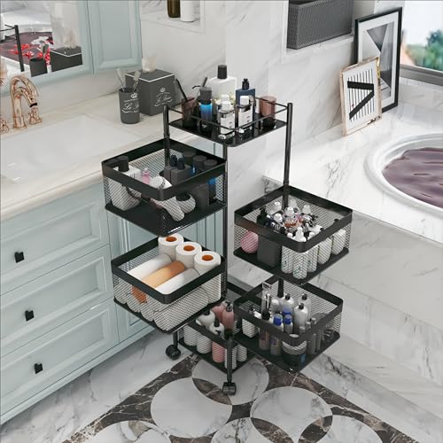 Fruit and Vegetable Basket for Kitchen No Assembly， Rotating Storage Rack,Bathroom Storage Shelf, Kitchen Organizers and Storage Cart on Rolling Wheels(Black, 5 Tier-Square) - color: Black