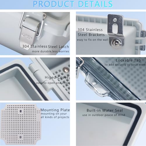 IP67 Waterproof Junction Box, ABS Plastic Electrical Enclosure with Stainless Steel Latch, Hinged Cover Electric Box with Mounting Plate, Wall Brackets & Cable Glands 175x125x90 - color: Clear, size: 6.9"x4.9"x3.5" Standard