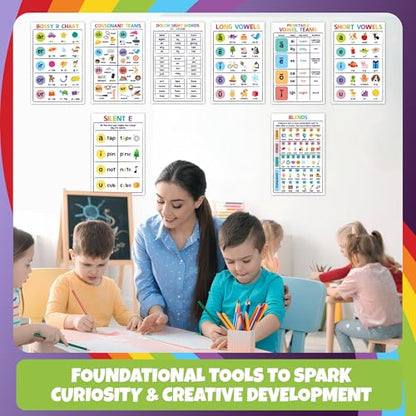 Sproutbrite 8 Pack 11” x 17” 1st Grade Educational Phonics Posters & Charts - color: Vowels Poster Set