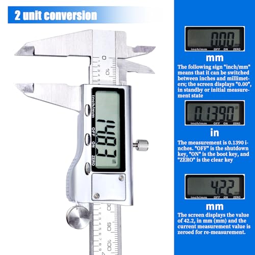 Digital Caliper Measuring Tool,Caliper Measuring Tool with Stainless Steel, Micrometer Dial Vernier Caliper Digital,Large LCD Screen, IP54 Splash Proof, Auto-Off Feature,6 Inch/150mm Caliper Tool