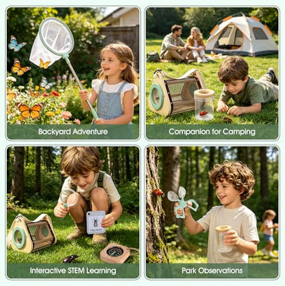 FIIOEOY Wooden Bug Catcher Kit for Kids - 8-in-1 Outdoor Explorer Set with Magnifying Glass, Butterfly Net STEM Learning Toys for Ages 3-8 Nature Gift for Boys & Girls
