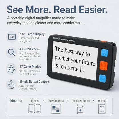 5.0" Portable Video Magnifier, 4X-32X Zoom for Low Vision Seniors - color: 5.0 Inch Black