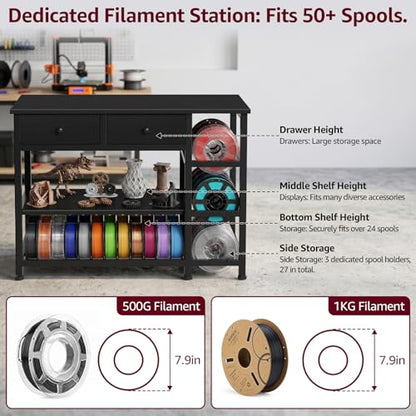 3D Printer Stand with Filament Storage - Heavy Duty 3-Tier 3 D Printer Table Shelf with 2 Fabric Drawers, 3 D Printing Desk for Tools and Supplies（Black）