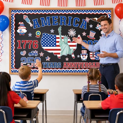 USA 250th Anniversary Bulletin Board Set 1776-2026 Patriotic Classroom Decorations 250th Anniversary Patriotic Paper Cutouts for 4th of July Independence Day Home Chalkboard Door Wall Decor - style: USA 250th
