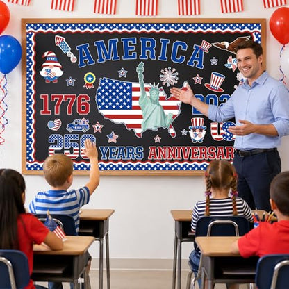 USA 250th Anniversary Bulletin Board Set 1776-2026 Patriotic Classroom Decorations 250th Anniversary Patriotic Paper Cutouts for 4th of July Independence Day Home Chalkboard Door Wall Decor - style: USA 250th