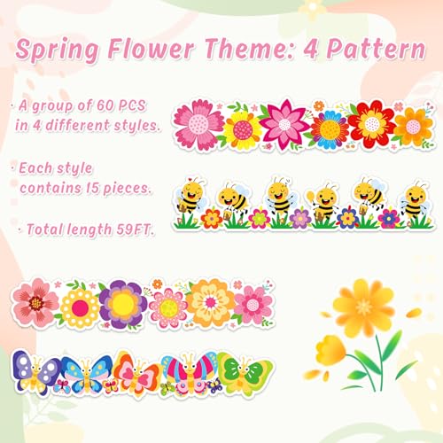 FYSUIMU 59.1 Ft Cartoon Flower Bulletin Board Borders Floral Bee Butterfly Trim Borders Springtime Classroom Scalloped Bulletin Board Decor for Back to School Spring Home Party Chalkboard Wall Decor - style: Cartoon Flower