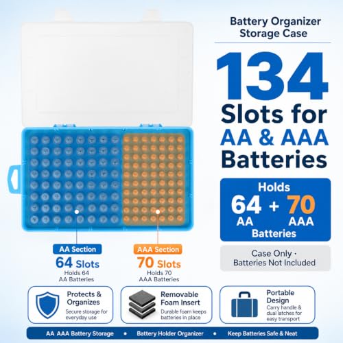 Xuerdon 134-Slot Battery Organizer Storage Case for AA and AAA Batteries - color: Blue