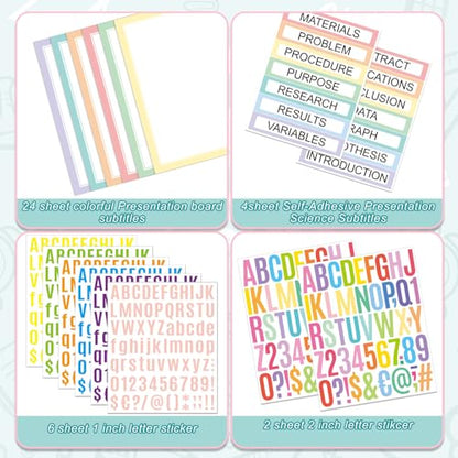 PerKoop 36 Sheets Science Fair Board Poster Boards Supplies 24 Self Adhesive Presentation Subtitles 4 Science Fair Project Titles 8 Personalized Letter Sticker for Classroom(Fresh Color) - color: Fresh Color