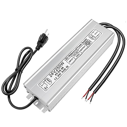 inShareplus 24V Power Supply, 250W IP67 Waterproof LED Power Supply, AC 80-265V to DC 24V 10.4A Outdoor Low Voltage Transformer, Adapter with 3-Prong Plug for LED Light, Outdoor Use - style: 24V 250W
