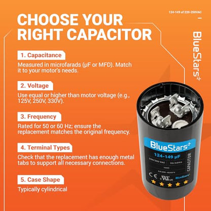 124-149 uf/MFD 220-250VAC Round Run Start Capacitor Replacement Part by BlueStars - Exact Fit for AC Motor Run or Fan Start and Cool or Heat Pump Air Conditioner - size: 124-149 MFD 220-250 VAC