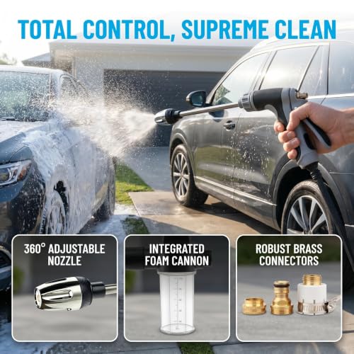 High Pressure Hose Nozzle with 4 Spray Modes, Adjustable Water Spray Gun, Metal Garden Hose Sprayer for Car Wash, Plant Watering, Patio & Outdoor Cleaning (Sprayer Kit with 3 Connectors & Foam Cannon) - color: Long Type