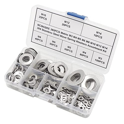 385PCS Metric M3 M4 M5 M6 M8 M10 M12 M14 304 Stainless Steel Wave Spring Washers Assortment Kit