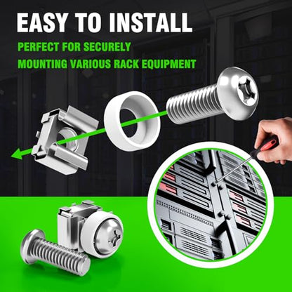 M6 x 16mm Rack Mount Cage Nuts, Screws and Washers - 50 Pack for Server Cabinets, Shelves, Routers - Self-Locking Cable Ties - color: Silver