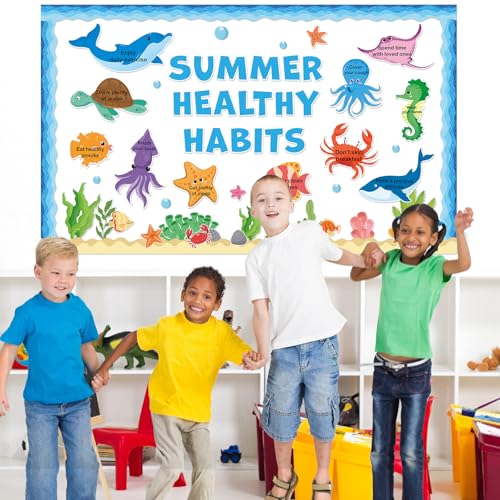 Summer Healthy Bulletin Board Set Ocean Animals Health Habits Classroom Decorations Back to School Paper Cutouts Under the Sea Bulletin Board Borders for School Nursery Home Office Wall Door Decor - style: Summer Healthy