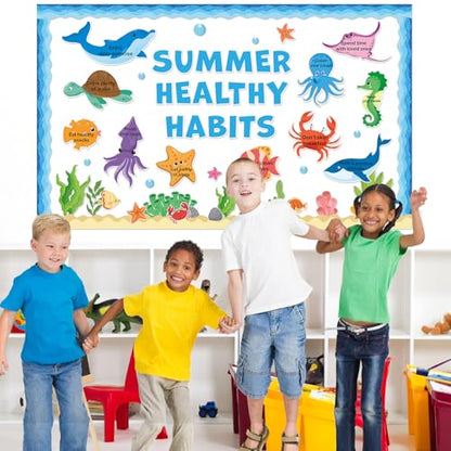 Summer Healthy Bulletin Board Set Ocean Animals Health Habits Classroom Decorations Back to School Paper Cutouts Under the Sea Bulletin Board Borders for School Nursery Home Office Wall Door Decor - style: Summer Healthy