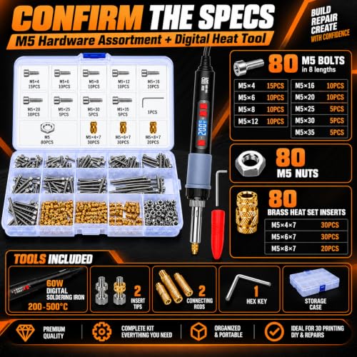 Heat Set Insert Kit for 3D Printing, Threaded Insert Kit for Plastic - size: M5