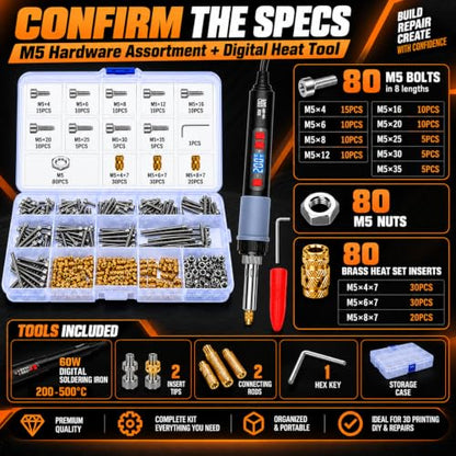 Heat Set Insert Kit for 3D Printing, Threaded Insert Kit for Plastic - size: M5