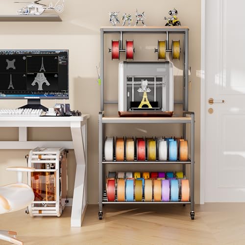 kepptory 3D Printer Stand with Power Outlet, Rolling Storage Cart w/Filament Spool Holder, Lockable Wheels Heavy Duty Rack for Ender 3 Ender 5 CR10 Desktop 3D Printers, Natural - color: Brown