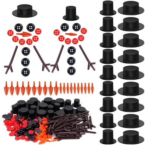 Marrywindix 400 Pieces Christmas Snowman DIY Craft Buttons Kit 40 Carrot Noses Buttons 40 Mini Black Magician Hats 240 Tiny Buttons and 80 Trigeminal Hand for Christmas Party Supplies