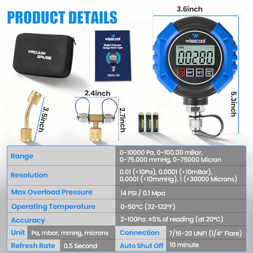 WISSCOOL Digital Vacuum Gauge, HVAC Micron Gauge Tester - color: Blue-G10