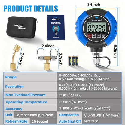 WISSCOOL Digital Vacuum Gauge, HVAC Micron Gauge Tester - color: Blue-G10